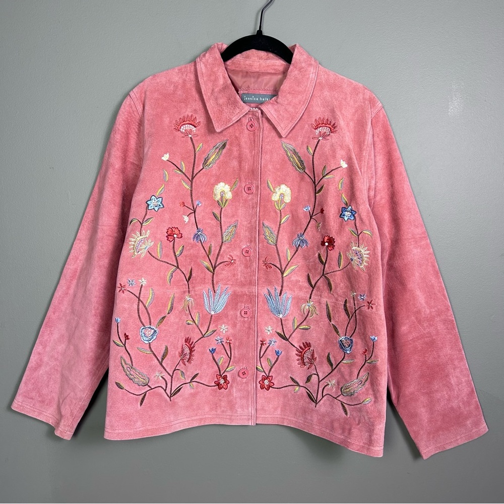 Jessica Holbrook leather jacket Large NWT pink dusty rose embroidered flower